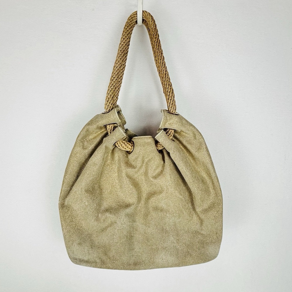 Michael Kors Marina Large Signature Tote Bag Beige Gold Canvas Rope Handle